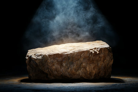 A large rock illuminated dramatically with smoke and shadows creates a striking visual effect. This studio setting enhances the rock's texture and natural beauty.の写真素材