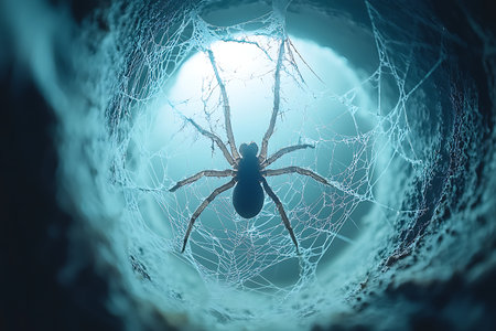 A captivating macro image showing a spider in its web, viewed from below. Light gently illuminates the dark hollow, highlighting the intricate details and textures of this mesmerizing creature's habitat.の写真素材