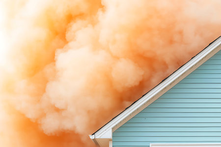 Dramatic orange smoke clouds rise above a suburban home, creating an alarming visual scene of a significant fire incident. The roof lines add to the intensity of the moment.の写真素材