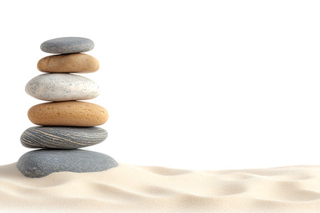 A stack of smooth stones rests gently on soft sand, creating a sense of balance and tranquility, ideal for themes of wellness and relaxation in natural settings.の写真素材