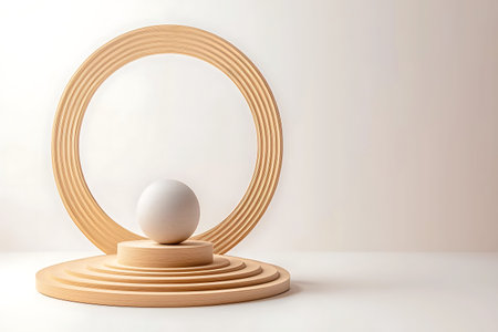 This image features a stunning arrangement of wooden geometric shapes and a sphere, showcasing...