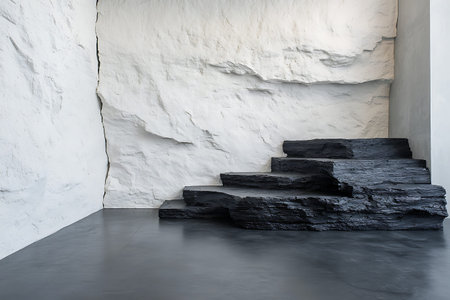 A striking modern interior featuring a textured stone wall and a unique rock staircase, creating a clean and minimalist look. Perfect for design inspiration.の写真素材