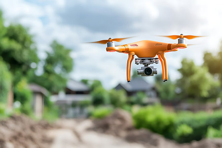 An orange drone hovers in the air, capturing stunning aerial views of a vibrant green landscape. The background features a soft blur, emphasizing the flying technology.の写真素材