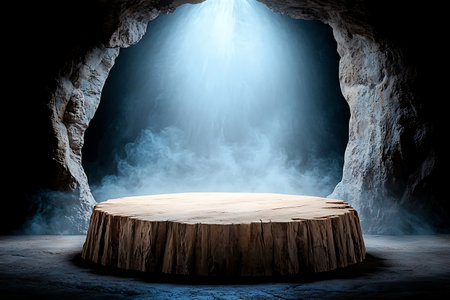 A wooden platform sits in a mystical cave illuminated by soft light, surrounded by shadows and fog, creating an enchanting atmosphere for various creative concepts.の写真素材