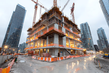 A captivating view of a modern high-rise building under construction, surrounded by cranes and urban...