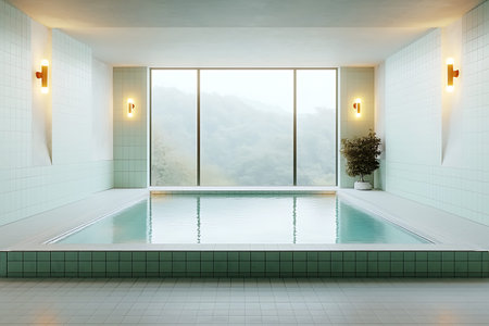 A modern indoor swimming pool featuring a serene view of nature through large windows, inviting...