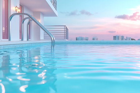 A stunning view of a serene rooftop infinity pool at sunset, with calm water reflecting the...