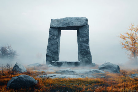 An enchanting image of a stone structure framed in mist, surrounded by an autumn landscape that evokes a sense of mystery and tranquility.の写真素材