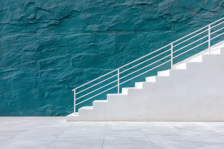This image showcases a minimalist staircase design featuring a sleek white surface and textured blue...