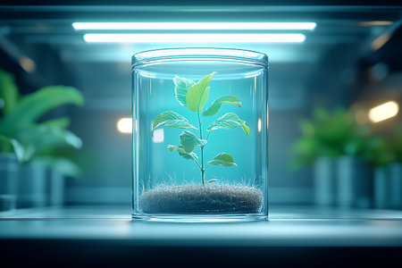 A vibrant green plant growing inside a clear glass container, illuminated by bright LED lights, showcasing modern cultivation techniques in a minimalistic indoor setup.の写真素材