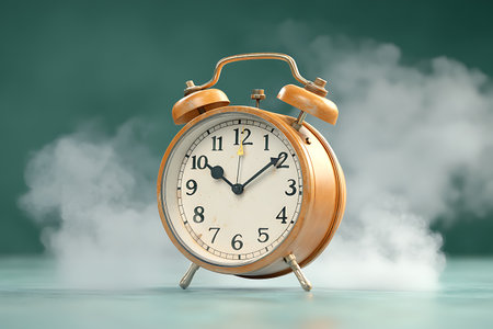 A vintage alarm clock sits amidst a soft green background, enhanced by a mysterious steam effect, embodying themes of time, nostalgia, and elegance.の写真素材