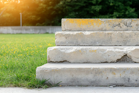 The image showcases weathered concrete steps illuminated by sunlight, surrounded by lush green grass and trees, creating a serene outdoor atmosphere.の写真素材