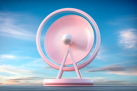 This image features a stylish pink decorative fan set against a tranquil outdoor background. The minimalist design exudes modern elegance, making it perfect for home decor inspiration.の写真素材