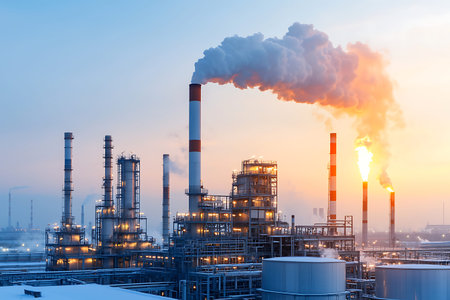 A stunning image of an industrial complex at sunset, showcasing smokestacks and emissions from oil...