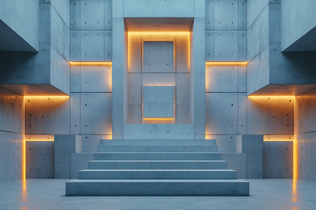 A serene interior showcasing modern concrete architecture with illuminated elements. The minimalist design emphasizes clean lines and geometric shapes, creating a tranquil space.の写真素材