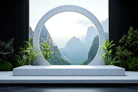 This modern minimalist interior features a circular window that beautifully frames a stunning mountain landscape. The design creates a serene atmosphere perfect for relaxation and inspiration.の写真素材