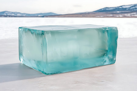 A stunning clear ice block rests on a white surface under soft natural light.