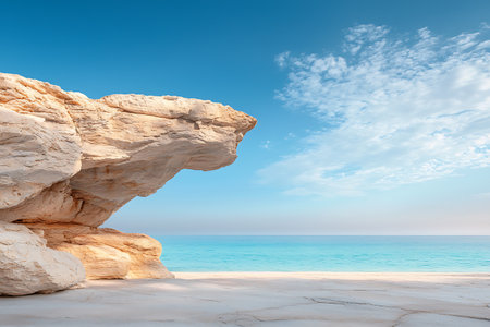 A tranquil coastal scene featuring a majestic rock formation with a beautiful blue sky above. Perfect for nature lovers and travel enthusiasts.の写真素材
