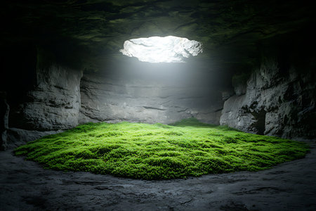 A serene cave environment features vibrant green moss thriving under soft natural light from a...