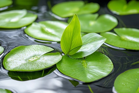 This close-up image features vibrant green lily pads floating gracefully on a calm water surface, showcasing nature's beauty and tranquility.の写真素材