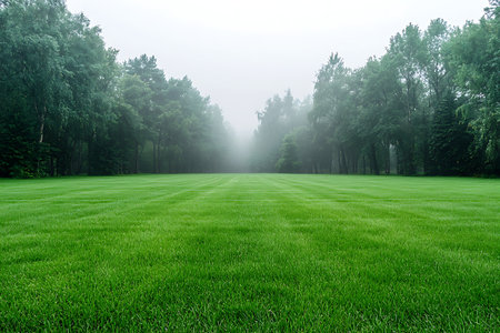 This serene image captures a lush green field framed by misty trees, evoking tranquility and peace. Ideal for nature-themed projects or relaxation.の写真素材