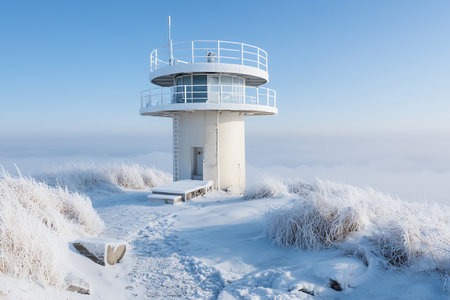 A stunning winter scene featuring a frosty lookout tower sitting atop a snow-covered mountain, surrounded by a breathtaking landscape and a clear blue sky.の写真素材