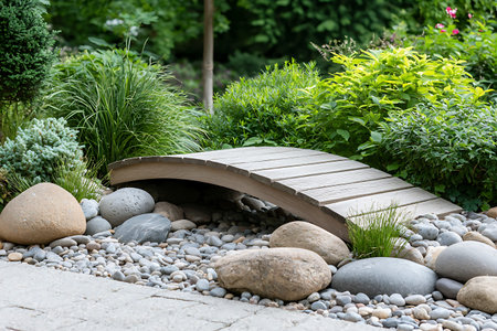A serene wooden bridge gracefully arches over a collection of smooth stones, surrounded by vibrant...