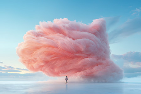 A surreal scene showcases a person gazing at a massive pink cloud against a bright sky. This...