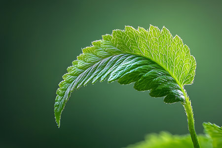 This close-up image showcases a fresh green leaf with intricate veins illuminated by soft light, perfect for nature and botanical themes.の写真素材