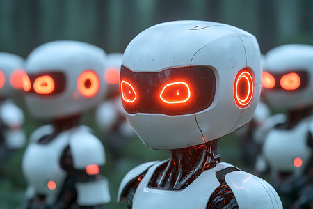 This image portrays futuristic robots with glowing eyes in a lush forest, showcasing creative...