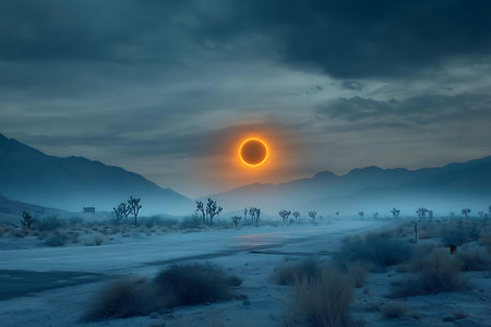 Experience the awe of a solar eclipse illuminating a serene desert landscape with majestic...