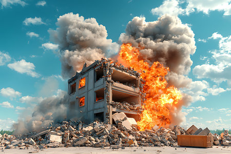 A dramatic scene captures an explosion with intense flames and smoke billowing from a crumbling building under a bright blue sky.の写真素材