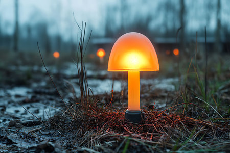 A glowing mushroom light illuminates a foggy landscape, surrounded by wet ground and grass, creating an enchanting atmosphere of tranquility at dusk.の写真素材