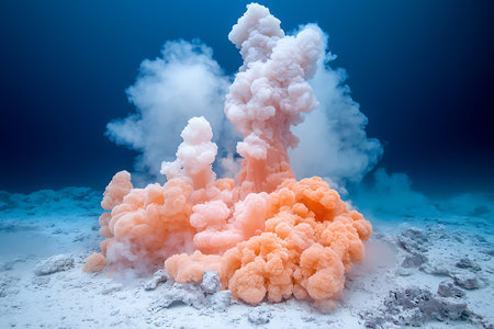 A stunning underwater volcanic eruption emits colorful clouds of ash and smoke, creating a mesmerizing scene beneath the blue ocean. The vibrant colors and unique formations highlight the beauty of natural phenomena.の写真素材