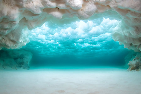 An enchanting underwater cave reveals serene blue tones and soft light filtering through the waves, creating a tranquil and picturesque atmosphere perfect for relaxation and exploration.の写真素材