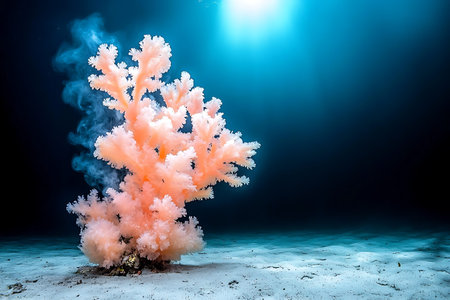 Stunning view of pink coral thriving in the deep ocean, illuminated by soft sunlight. The serene...