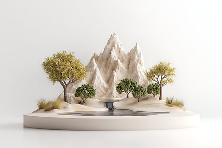 Captivating 3D landscape featuring majestic mountains and a tranquil waterfall, surrounded by lush...