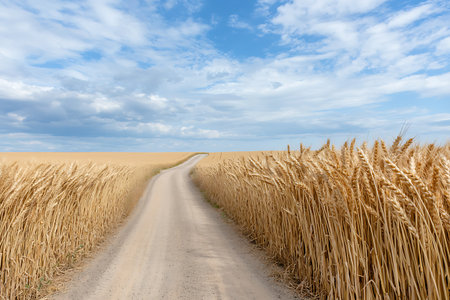 A charming dirt road winds through a golden wheat field under a bright blue sky, creating a serene and picturesque rural landscape perfect for outdoor inspiration.の写真素材