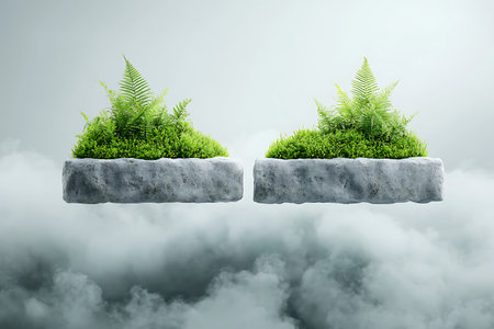 Captivating image of lush greenery featuring ferns on floating stone platforms against a misty backdrop, evoking serenity and tranquility in nature.の写真素材