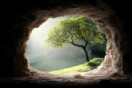 A breathtaking view of a single tree illuminated by sunlight streams through a natural cave entrance, showcasing the beauty of nature's tranquility.の写真素材