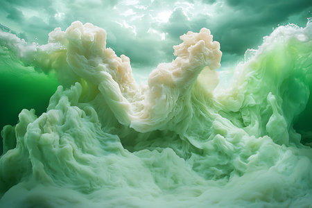 Captivating image of ocean waves filled with soft creamy foam. The green hues and dramatic sky create an immersive atmosphere of nature's beauty and power.の写真素材
