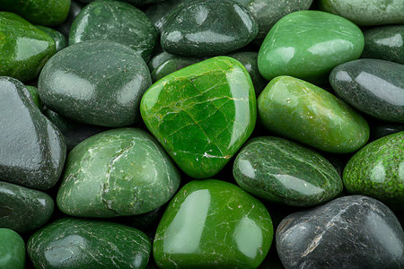 A close-up view of smooth green stones and pebbles with various shades of green, perfect for natural decor, relaxation, or artistic projects.の写真素材