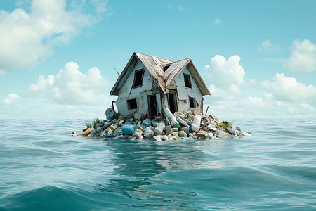 This image depicts an abandoned house surrounded by water and debris, illustrating the impacts of environmental neglect and rising water levels.の写真素材
