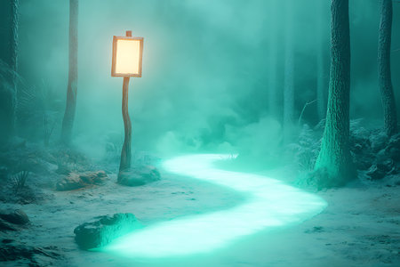 A surreal forest scene featuring a winding path illuminated by a glowing sign, surrounded by mist and towering trees, inviting exploration and imagination.の写真素材