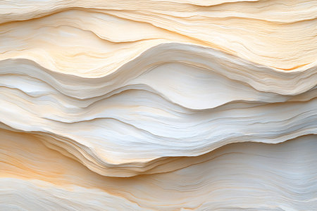 This image showcases an abstract representation of textured paper with soft shades of cream and beige. The flowing layers create a serene and artistic atmosphere, perfect for design projects.の写真素材