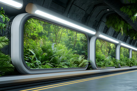 A sleek futuristic interior showcasing large windows filled with lush greenery, creating a harmonious balance between nature and modern architecture, ideal for innovative designs.の写真素材