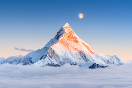 A breathtaking view of a majestic snowy mountain peak, rising above the clouds under a luminous...