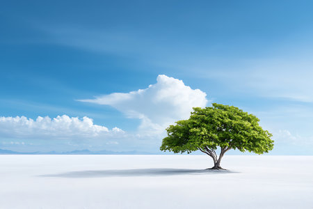 A stunning solitary green tree rises against a clear blue sky, set in a vast white landscape that creates a serene and tranquil atmosphere.の写真素材