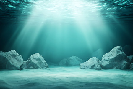 Captivating underwater view showcasing soft sunlight filtering through the clear ocean, illuminating smooth rocks and sandy seafloor. A serene aquatic landscape awaits exploration.の写真素材