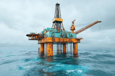 A detailed view of an oil drilling rig standing tall in the ocean under a cloudy sky, showcasing industrial prowess and marine exploration.の写真素材